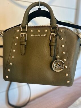 Michael Kors Olive Green Studded Saffiano Leather Satchel